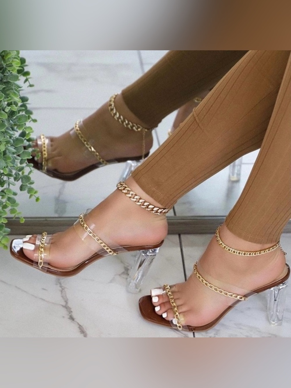 Clear Strap Heels with Gold Chain Detail - Brown